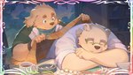 anthro bedding beverage blanket book bookshelf brown_body brown_fur clothing coffee container cup detailed_background duo eyes_closed eyewear fur furniture glasses hoodie humanoid_hands inside kemono male overweight overweight_male shirt sleeping topwear seamonsterping lifewonders tokyo_afterschool_summoners cu_sith_(tas) leib_(tas) bear canid canine canis domestic_dog mammal polar_bear ursine 2021 absurd_res hi_res