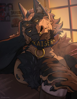 anthro black_collar black_nipples black_nose black_sclera body_hair brown_body brown_fur chest_hair collar ear_piercing ear_ring facial_piercing fur glistening glistening_eyes inside looking_at_viewer male male_anthro mouth_closed muscular muscular_anthro muscular_male nipple_piercing nipples nose_piercing nose_ring orange_eyes piercing ring_piercing septum_piercing septum_ring solo tan_body tan_fur cobu kaiser_(caticus) canid canine canis domestic_dog german_shepherd herding_dog mammal pastoral_dog hi_res
