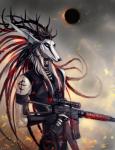 5_fingers anthro antlers assault_rifle black_nose blue_eyes clothed clothing eclipse fingers gun horn male ranged_weapon rifle scope solar_eclipse solo weapon nukerooster fallion arch_(nukerooster) 2018 digital_media_(artwork) hi_res