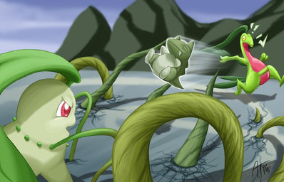 2_toes angry attack duo exclamation_point feet green_body looking_at_another open_mouth outside plant pokemon_battle red_eyes running scared shocked throwing toes vines yellow_sclera akelataka nintendo pokemon substitute_doll chikorita generation_2_pokemon generation_3_pokemon grovyle pokemon_(species) 2006 digital_media_(artwork) digital_painting_(artwork) painting_(artwork) signature