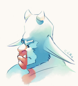 beard blue_beard blue_body blue_ears blue_facial_hair facial_hair horn male male_humanoid markings mouth_closed red_markings simple_background solo teeth white_background chocolateandmilk humanoid 2016 bust_portrait dated hi_res portrait signature