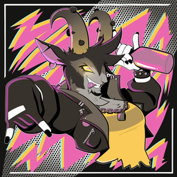 2_horns abstract_background anthro athletic athletic_anthro athletic_female bite black_clothing black_fingerless_gloves black_gloves black_handwear black_jacket black_nails black_topwear bottle bracelet breasts brown_horn clothed clothed_anthro clothed_female clothing colored_nails container countershade_face countershade_torso countershading crossgender curved_horn devil_horns_(gesture) ear_piercing ear_ring excited female female_anthro fingerless_gloves furgonomic_piercing furgonomics furrowed_eyebrows gesture gloves grey_body grey_countershading hand_gesture handwear head_horn holding_bottle holding_container holding_object horn horn_piercing industrial_piercing jacket jewelry looking_at_viewer mtf_crossgender nails open_clothing open_jacket open_topwear padlock_necklace piercing pink_eyes pointy_ears popped_collar prick_ears ring_piercing shirt small_breasts snout solo spiked_bracelet spikes tongue tongue_bite topwear yellow_clothing yellow_sclera yellow_shirt yellow_topwear zipper pinkcdraws deadlock_(game) valve billy_(deadlock) bovid caprine goat mammal 1:1 2026 absurd_res cel_shading digital_drawing_(artwork) digital_media_(artwork) half-length_portrait hi_res portrait shaded trans_(lore) trans_woman_(lore)