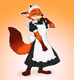 3_toes anthro barefoot blush brown_body brown_fur claws clothed clothing crossdressing feet fur gradient_background green_eyes half-closed_eyes maid_apron maid_collar maid_headdress maid_uniform male narrowed_eyes paws plantigrade red_body red_fur simple_background smile solo tail toe_claws toes uniform mkwolf2022 disney zootopia nick_wilde canid canine fox mammal red_fox true_fox 2025 hi_res
