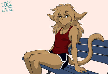 anthro bench bored breasts chest_tuft clothing dolphin_shorts eyebrow_through_hair eyebrows female fur hair hands_by_side pink_background shirt side_eye simple_background sitting small_breasts solo tail tan_body tan_fur tank_top tomboy topwear translucent translucent_hair tuft yellow_eyes jordanos21 twokinds madelyn_adelaide basitin mammal hi_res shaded