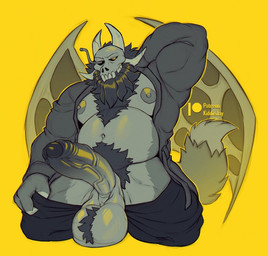 balls barazoku beard big_penis black_body black_fur bone bottomwear clothing erection facial_hair fluffy fluffy_tail fur genitals glans hand_on_head horn lowered_pants male mature_male musclegut muscular navel nipples pants penis pubes robe skull skull_head solo tail vein veiny_penis yellow_eyes kiddie_jukes disney the_owl_house papa_titan_(the_owl_house) titan_(the_owl_house)