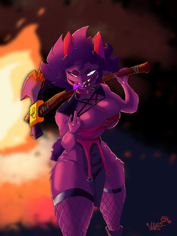 anthro axe big_breasts blood bodily_fluids breast_squish breasts clothing female fishnet_clothing fishnet_legwear freckled_breasts freckled_face freckled_shoulders freckles horn legwear overweight revealing_outfit sharp_teeth shortstack solo squish teeth thick_thighs tongue tongue_out the_last_viper cult_of_the_lamb massive_monster_(studio) goat_(cult_of_the_lamb) bovid caprine goat mammal 3:4 absurd_res hi_res
