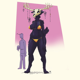 anthro antlers bikini bikini_bottom bikini_top biped black_body black_fur black_sclera bone breasts claws clothed clothing dessert dreamcatcher duo faceless_character faceless_human faceless_male female food fur horn ice_cream ice_cream_cone larger_anthro larger_female male simple_background size_difference skimpy skull skull_head smaller_human smaller_male standing swimwear toe_claws two-piece_swimsuit white_eyes deltav american_mythology indigenous_north_american_mythology mythology north_american_mythology human mammal wendigo 1:1 2023 digital_media_(artwork) hi_res