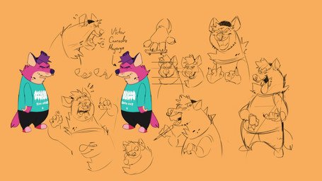 4_fingers anthro bottomwear claws clothed clothing eyes_closed facial_piercing fingers fur hair male multiple_poses nose_piercing open_mouth open_smile orange_background pants piercing pink_body pink_fur pose purple_hair shirt simple_background smile solo standing topwear thewilldpink jeffrey_taggart hyena mammal 16:9 absurd_res hi_res model_sheet sketch source_request widescreen