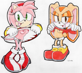 accessory anthro blush boots bottomwear brown_body clothed clothing clothing_lift dress duo female flashing flashing_breasts footwear green_eyes hair_accessory hairband panties pink_body shoes simple_background skirt skirt_lift tail tan_body underwear white_background young young_female missy_rin sega sonic_the_hedgehog_(series) amy_rose cream_the_rabbit eulipotyphlan hedgehog lagomorph mammal