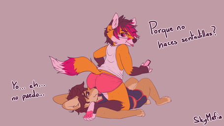 anthro bodily_fluids butt butt_focus clothed clothing countershading dialogue duo exercise facesitting femboy hair looking_back male male/male presenting raised_tail rear_view simple_background sitting sitting_on_another sweat tail text workout skymafia faxy_(pillo) canid canine fennec_fox fox mammal true_fox 16:9 2018 digital_media_(artwork) hi_res spanish_text translated widescreen