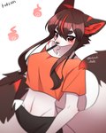 anthro big_breasts black_bottomwear black_clothing black_shorts blush bottomwear breasts brown_hair clothed clothing crop_top female female_anthro fully_clothed fur hair kemono long_hair midriff multi_tail neck_tuft orange_clothing orange_eyes orange_shirt orange_topwear shirt shorts simple_background snout solo tail topwear tuft white_background white_body white_fur nachiwanko canid canine fox mammal 2021 4:5 absurd_res hi_res