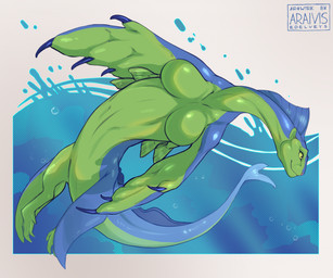 blue_body blue_tail breasts claws countershade_torso countershading featureless_breasts feet female feral fin green_body green_sclera non-mammal_breasts simple_background solo tail toes water araivis-edelveys marine 2025 digital_media_(artwork) hi_res