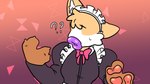 ambiguous_gender anthro bodily_fluids clothing confusion donut_mouth eyeless fused_fingers hyper hyper_lips lips maid_headdress maid_uniform mid_transformation orange_background purple_background purple_lips question_mark simple_background solo standing sweat sweatdrop thick_lips transformation uniform midnite_fsnax khloe_prower canid canine fox mammal 16:9 hi_res widescreen