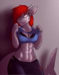 abs anthro breasts clothed clothing female hair non-mammal_breasts red_hair shirt smile solo topwear torn_clothing wide_hips xaenyth teuta fish marine shark hi_res