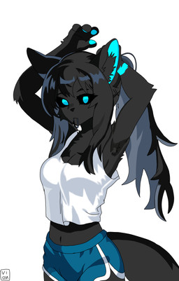 anthro armpit_tuft black_body black_fur black_sclera black_tail blue_eyes blue_inner_ear blue_pawpads breasts clothing dolphin_shorts female fluffy fluffy_tail fur hair hands_behind_head long_hair medium_breasts navel pawpads ponytail shirt solo tail tank_top topwear tying_hair white_clothing white_shirt white_tank_top white_topwear vion viona_alcyone_(vion) felid feline mammal absurd_res hi_res