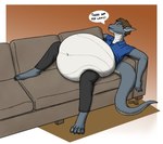 anthro belly big_belly brown_hair food food_fetish furniture grey_body grey_eyes hair holidays huge_belly hyper hyper_belly male obese overweight reclining relaxed_expression relaxing sofa solo speech_bubble stuffing tail text edgec mythology thanksgiving edge_(edgec) dragon mythological_creature mythological_scalie scalie hi_res