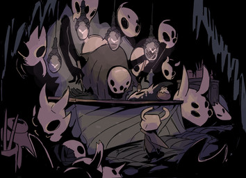 black_arms black_body black_fingers black_hands bone clothed clothing horn inside looking_up melee_weapon shadow size_difference skull skull_head standing sword sword_on_back weapon weapon_on_back double-zr-tap hollow_knight_(franchise) team_cherry mask_maker_(hollow_knight) the_knight_(hollow_knight) vessel_(species) 2025 hi_res