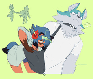 anthro blue_body blue_eyes blue_fur blue_hair bottomwear brown_body brown_fur clothed clothing collar duo eyewear female fingers fluffy fluffy_tail fur glasses hair male shirt shorts tail topwear conditional_dnp irootie brand_new_animal studio_trigger michiru_kagemori shirou_ogami canid canine canis mammal raccoon_dog tanuki wolf hi_res