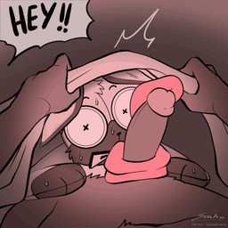 anthro bed bedding blanket bodily_fluids button_(fastener) button_eyes caught caught_and_continued caught_in_the_act duo erection fur furniture genitals humanoid_genitalia lifting_blanket long_tongue lying male male/male male_penetrated male_penetrating masturbation nude on_bed open_mouth penetration penile penis plushie plushophilia sex simple_background size_difference stroke stroking_penis sweat sweatdrop text tongue tongue_around_penis tongue_out under_blanket zipper zipper_mouth sockodrawing martin_(sockodrawing) animate_inanimate domestic_cat felid feline felis fluffshie living_plushie mammal animated digital_media_(artwork) english_text loop no_sound