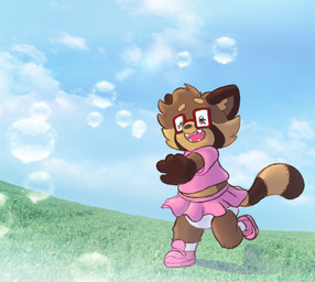 age_regression anthro bottomwear bubble clothing cloud dancewear diaper excited eyewear female female_anthro field footwear frolicking glasses grass outside plant shoes skirt sky sneakers solo tutu young young_anthro young_female coffeeblend108 cofi_(coffeeblend) mammal procyonid raccoon hi_res