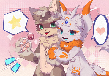 4_fingers anthro biped blue_eyes brown_body brown_fur candy chest_tuft dessert duo fingers fluffy fluffy_tail food fur green_eyes hand_holding heart_symbol holding_candy holding_food holding_lollipop holding_object inner_ear_fluff kemono lollipop looking_at_viewer male markings multicolored_body multicolored_fur open_mouth open_smile orange_markings pawpads paws smile standing star tail tan_body tan_fur tongue tongue_out tuft white_body white_fur lidong_(artist) microsoft ori_(series) xbox_game_studios fan_character omicron rakky guardian_spirit mammal procyonid raccoon spirit 2025 digital_drawing_(artwork) digital_media_(artwork) film_grain hi_res