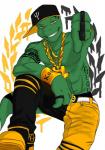 abs accessory anthro athletic athletic_anthro athletic_male baseball_cap belt biceps biped bottomwear bracelet chain clothed clothing fingers footwear gesture glistening glistening_chain glistening_jewelry glistening_necklace gold_(metal) gold_chain green_body green_skin grin hand_gesture hat headgear headwear jewelry male muscular muscular_anthro muscular_male necklace pants pecs pose shell-less shoes sideways_baseball_cap sitting smile solo streetwear symbol tattoo thumbs_down topless wristband yellow_eyes jovavx caesar_(jovavx) reptile scalie turtle