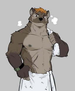 abdominal_scar abs anthro armpit_hair biceps bodily_fluids body_hair clock hand_on_towel male manly muscular navel nipples pecs scar simple_background solo standing sweat sweatdrop towel towel_around_neck towel_around_waist towel_only triceps watch wristwatch x_scar 9klipse gulonine mammal marten mustelid musteline 2023