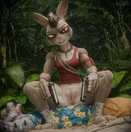 anthro bandage big_ears bottomless breasts brown_body clothed clothing female genitals grey_body gun hair hand_wraps handgun leg_wrap looking_at_viewer male nipples offscreen_character offscreen_male outside piercing pistol ranged_weapon scar sitting sitting_on_another small_breasts solo spread_legs spreading stirrup_legwear vulva weapon wraps yellow_eyes jaeger3d lagomorph leporid mammal rabbit 3d_(artwork) absurd_res digital_media_(artwork) hi_res huge_filesize