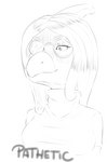 anthro bone_frill clothing eyelashes eyewear facial_markings female frill_(anatomy) glasses gloom_lines hair head_crest head_frill head_markings long_hair markings muzzle_(marking) narrowed_eyes one_eye_obstructed shirt simple_background smile snout snout_markings solo text topwear white_background badfidhell cavemanon_studios pathetic_(meme) snoot_game theresa_(snoot_game) dinosaur hadrosaurid ornithischian ornithopod parasaurolophus prehistoric_species reptile scalie english_text meme monochrome