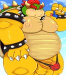 2_horns anthro balls belly blush clothing cloud duo genitals hat headgear headwear horn kemono macro male moobs nipples obese obese_male outside overweight overweight_male penis shirt size_difference thong topwear underwear yellow_body marumori0619 mario_bros nintendo bowser mario koopa scalie 2021