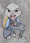 anthro blood bodily_fluids clothed clothing crouching dipstick_ears ear_markings ears_down fangs female fur gore grey_background grey_body grey_fur looking_at_viewer multicolored_ears pivoted_ears police police_uniform red_eyes simple_background solo teeth uniform alec8ter anothercolouranon conditional_dnp disney zootopia judy_hopps lagomorph leporid mammal rabbit vampire 2017 signature