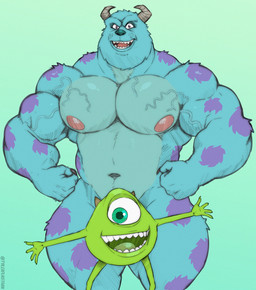 anthro biceps blue_body blue_fur creative_censorship duo fur green_background green_body green_eyes horn male markings muscular muscular_anthro muscular_male nipples pecs purple_eyes simple_background smile spots spotted_body spotted_fur thick_thighs vein veiny_muscles tylerstark disney monsters_inc pixar mike_wazowski sulley 2024 absurd_res censored digital_media_(artwork) hi_res