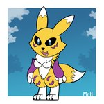 anthro big_breasts black_sclera blue_eyes breasts chibi claws female fur looking_at_viewer nude open_mouth short_stack smile solo tail thick_thighs white_body white_fur wide_hips yellow_body yellow_fur el_senor_erizo bandai_namco digimon canid canine digimon_(species) mammal renamon digital_media_(artwork) hi_res