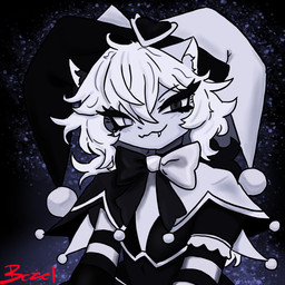annoying anthro armwear aura bezel(birdyby) black_hair blush blush_lines bow_tie breasts clothing ears_up female fool's_hat fur hair hat headgear headwear jester looking_at_viewer medium_hair menacing_aura monochromatic_eyes pattern_armwear pattern_clothing small_breasts smile smug smug_face smug_grin solo striped_armwear striped_clothing stripes teeth_showing white_body white_fur white_hair bezelby original_character_do_not_steal liurnia_veldra felid feline mammal 1:1 black_and_white hi_res monochrome portrait