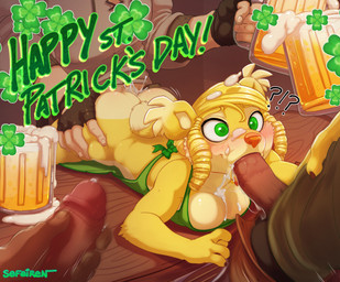 alcohol anthro apron balls beer beer_foam beverage blonde_hair blush bodily_fluids bottomwear bow_(feature) breasts brown_body brown_fur butt butt_grab claws clothing clover_(plant) clover_leaf container cum cum_in_mouth cum_in_vagina cum_inside cum_on_breasts cum_on_face cup drill_curls ear_tuft erection fellatio female foam four_leaf_clover fur gangbang genital_fluids genitals gloves green_eyes group group_sex hair hand_on_belly hand_on_butt handwear holidays leaf lying male male/female masturbation mug on_front oral pants penile penis plant precum saliva sex shirt size_difference spitroast tongue tongue_out topwear tuft vaginal yellow_body yellow_fur conditional_dnp sefeiren st._patrick's_day bear human mammal