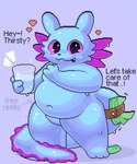 3_toes accessory anthro bar_emanata belly belly_overhang belt big_belly big_eyes blue_background blue_body casual_nudity container cup deep_navel dialogue emanata external_gills featureless_crotch feet furgonomics gills glass glass_container glass_cup happy heart_symbol holding_glass holding_object looking_at_viewer male moobs navel nude obese obese_anthro obese_male open_mouth open_smile overweight overweight_anthro overweight_male pupils purple_sclera simple_background smile snaggle_tooth solo standing tail tail_accessory tail_belt talking_to_viewer tapering_tail text thick_thighs three-quarter_view toes water wet wide_hips geomecs rain_world videocult rivulet_(rain_world) slugcat 2025 absurd_res cel_shading digital_media_(artwork) english_text full-length_portrait hi_res pixel_(artwork) portrait shaded