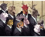 anthro beak black_body black_clothing black_ears black_fur black_necktie black_topwear business_attire business_suit classy clothing eyewear feathers formal_attire formal_clothing formal_suit formal_wear fur glasses group hair hairless large_group male mane mane_hair markings necktie orange_body orange_fur spots spotted_body spotted_fur spotted_head striped_body striped_fur striped_head stripes suit suit_and_tie tan_body tan_fur tan_hair topwear white_body white_clothing white_ears white_feathers white_topwear yellow_beak yellow_body yellow_fur lljh accipitrid accipitriform avian bird bovid chicken deer domestic_cat eagle felid feline felis galliform gallus_(genus) hairless_cat haplorhine hippopotamid leopard lion mammal mandrill monkey old_world_monkey pantherine phasianid primate sphynx_(cat) tiger 2023 hi_res