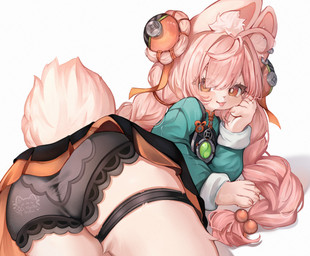 accessory anthro braided_hair clothing female hair hair_accessory lying on_front panties pink_body pink_hair solo tongue tongue_out underwear young young_anthro young_female nyctea mihoyo zenless_zone_zero zhao_(zenless_zone_zero) lagomorph leporid mammal rabbit absurd_res hi_res adult_(lore)