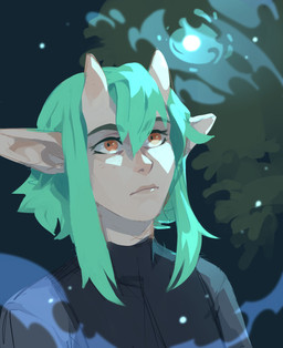 black_clothing black_topwear blue_hair clothed clothing female front_view glistening glistening_eyes hair horn light_body light_skin mouth_closed not_furry orange_eyes simple_background solo topwear unsigned corzh77 elf humanoid absurd_res bust_portrait colored_sketch hi_res portrait sketch