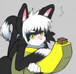 annoyed anthro blush hug looking_at_viewer male nude pillow solo young young_male whiteleo kay_(whiteleo) domestic_cat felid feline felis mammal hi_res