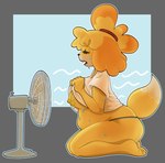 anthro areola bodily_fluids breasts clothed clothing clothing_lift eyes_closed female heat_(temperature) nipples open_mouth shirt shirt_lift slightly_chubby solo sweat tail topwear underwear strawberrywith4 animal_crossing nintendo isabelle_(animal_crossing) canid canine canis domestic_dog mammal