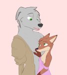 amputee anthro black_nose brown_body brown_fur cheek_tuft disability duo facial_tuft female fur green_eyes grey_body grey_fur head_tuft male missing_arm open_mouth pink_background simple_background smile tuft zhanbow disney zootopia fan_character mrs._wilde stan_(zhanbow) canid canine canis fox mammal red_fox true_fox wolf 2020 hi_res