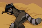 angry anthro anus butt covering covering_self embarrassed femboy hair long_hair lying male nude on_side solo helloggi mammal procyonid raccoon