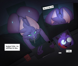 5_fingers :> anthro ass_up bed big_butt bodily_fluids breasts butt butt_focus cleavage clothed clothing computer dark_room dialogue duo electronics eyebrows eyewear facial_tuft female fingers food food_in_mouth fur furniture glasses green_eyes hair highlights_(coloring) huge_butt inner_ear_fluff inside laptop lying on_bed on_front panties pocky_in_mouth ponytail purple_body purple_fur purple_hair raised_eyebrow round_glasses scut_tail shirt short_tail smile sweat sweatdrop tail tank_top text topwear tuft underwear blazethefox pocky evelia_zara lacy_(blazethefox) bat canid canine canis mammal wolf 2025 absurd_res english_text hi_res