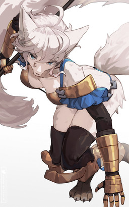 anthro armor bikini bikini_top blue_eyes breasts clothed clothing digitigrade female front_view fur gauntlets gloves hair handwear high-angle_view leaning leaning_forward looking_at_viewer melee_weapon polearm simple_background skimpy solo spear swimwear tail two-piece_swimsuit unconvincing_armor weapon white_background white_body white_fur white_hair hsin unicorn_overlord vanillaware dinah_(unicorn_overlord) canid canine fox mammal 2024 5:8 digital_drawing_(artwork) digital_media_(artwork) hi_res signature