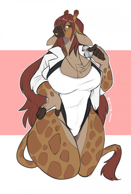 anthro biped breasts clothed clothed_anthro clothed_female clothing countershade_torso countershading eyewear female fingers front_view fur glasses hair horn simple_background smile solo spots standing tail teeth mocha-wing giraffe giraffid mammal 2026 digital_drawing_(artwork) digital_media_(artwork) hi_res