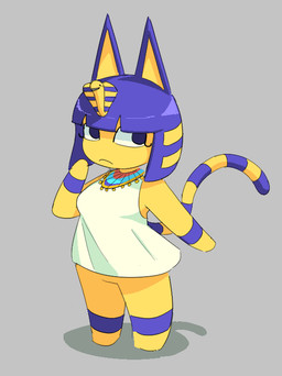 accessory anthro bangs biped blue_hair blunt_bangs bob_cut bottomless breasts chibi clothed clothing dress egyptian egyptian_clothing featureless_hands female grey_background hair kalasiris markings medium_breasts pectoral_(jewelry) simple_background solo standing striped_markings striped_tail stripes tail tail_markings three-quarter_view uraeus usekh yellow_body dimpindot animal_crossing nintendo ankha_(animal_crossing) domestic_cat felid feline felis mammal 2026 digital_media_(artwork) full-length_portrait portrait