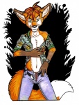 anthro bottomwear clock clothing denim denim_bottomwear denim_clothing dipstick_tail green_eyes grin hair jeans looking_at_viewer male markings orange_hair pants seductive short_hair smile solo tail tail_markings watch canvas_(artist) familliar canid canine fox mammal