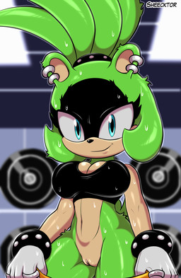 anthro big_breasts black_nose blue_eyes bodily_fluids bracelet breasts cleavage clothed clothing ear_piercing ear_ring eyelashes female fur genitals gloves green_body green_fur green_hair gym hair handwear inside jewelry long_hair looking_at_viewer multicolored_body multicolored_fur navel piercing ring ring_piercing shirt smile solo studded_bracelet studded_hair_tie studded_jewelry studs sweat tan_body tan_fur tank_top text topwear two_tone_body two_tone_fur vulva weights sheecktor idw_publishing sega sonic_the_hedgehog_(comics) sonic_the_hedgehog_(idw) sonic_the_hedgehog_(series) surge_the_tenrec afrosoricid mammal tenrec 2025 artist_name hi_res