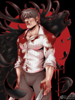 5_fingers antlers blood bodily_fluids brown_hair cheekbones clothed clothing duo feathers feral fingers fur geometric_background hair horn human_focus knife male muscular muscular_male red_eyes simple_background snout topwear zillabean hannibal_(series) hannibal_lecter stag_(hannibal) deer human mammal digital_media_(artwork)